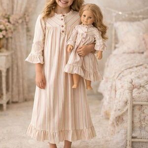 American Girl Nightgown Girls Medium Pink Striped Ruffles Placket Bodice Retired